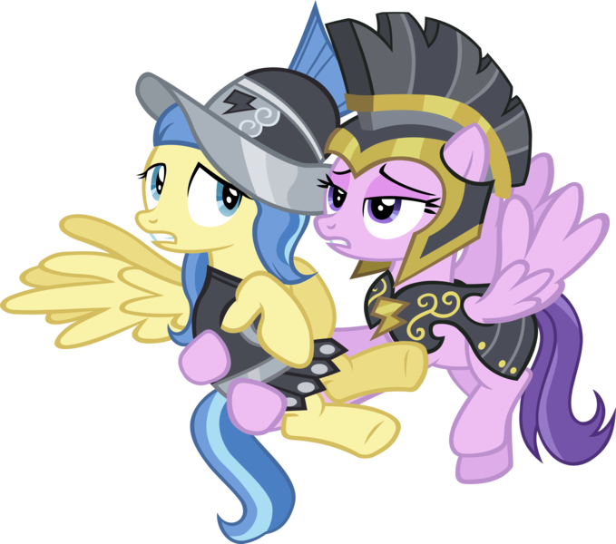 Size: 4768x4212 | Tagged: safe, artist:ironm17, derpibooru import, clear skies, commander hurricane, private pansy, sunshower, pegasus, pony, hearth's warming eve (episode), absurd resolution, armor, carrying, clothes, duo, female, flying, helmet, mare, simple background, transparent background, vector