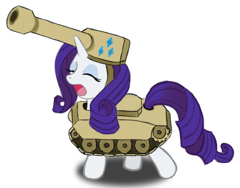 Size: 770x604 | Tagged: artist:the-paper-pony, derpibooru import, eyes closed, open mouth, raritank, rarity, safe, simple background, solo, tank pony, tank (vehicle), white background