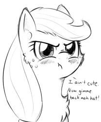 Size: 1000x1200 | Tagged: applejack, artist:yakoshi, black and white, blatant lies, chest fluff, cute, derpibooru import, grayscale, hatless, i'm not cute, jackabetes, missing accessory, monochrome, puffy cheeks, safe, solo