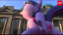 Size: 1280x720 | Tagged: safe, derpibooru import, twilight sparkle, twilight sparkle (alicorn), alicorn, pony, balloon, chile, giant pony, irl, macro, parade, parade balloon, paris parade, photo