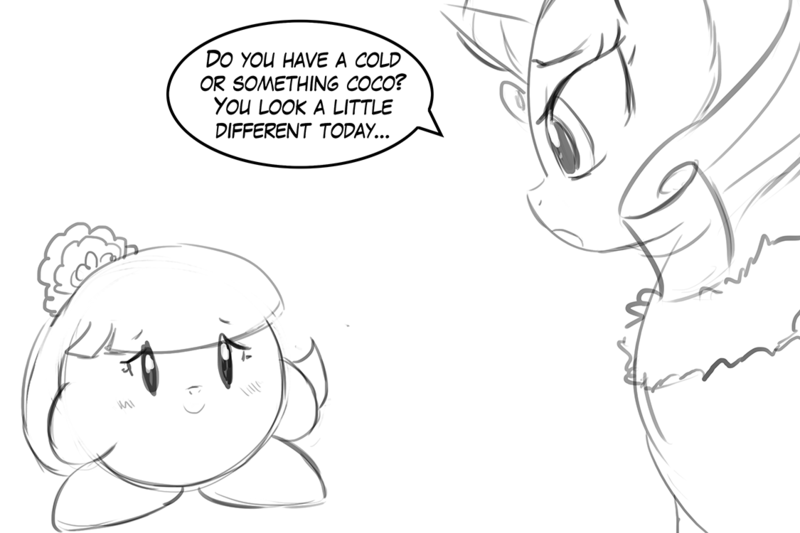 Size: 1125x750 | Tagged: artist:lumineko, coco pommel, crossover, derpibooru import, dialogue, duo, duo female, female, implied vore, kirby, kirby (character), monochrome, rarity, safe, sketch
