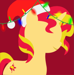 Size: 795x800 | Tagged: safe, artist:arifproject, derpibooru import, edit, part of a set, sunset shimmer, pony, unicorn, animated, arif's christmas pones, beautiful, christmas, christmas lights, cute, dark background, derpibooru background pony icon, female, garland, gif, happy, hat, holiday, horn, lights, lineless, mare, minimalist, modern art, santa hat, simple background, smiling, solo