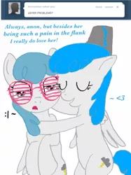 Size: 500x667 | Tagged: safe, artist:askthunderrush, derpibooru import, lightning bolt, thunder rush, white lightning, pegasus, pony, ask thunder rush, :|, annoyed, ask, duo, eyes closed, female, glasses, hat, heart, mare, siblings, simple background, sisters, tumblr, white background