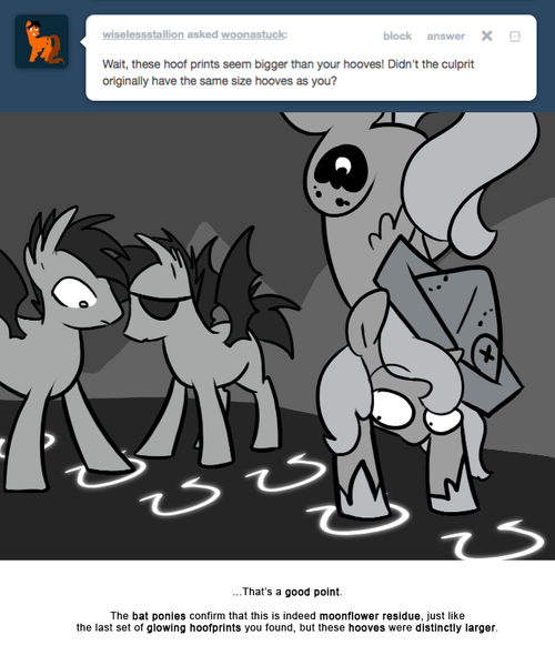 Size: 666x800 | Tagged: safe, artist:egophiliac, derpibooru import, princess luna, oc, oc:frolicsome meadowlark, oc:sunshine smiles (egophiliac), unofficial characters only, bat pony, pony, moonstuck, cartographer's cap, eyepatch, female, filly, grayscale, handstand, hat, hoofprints, monochrome, upside down, woona, woonoggles, younger