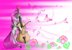 Size: 1024x718 | Tagged: artist:themagicfantasy, bow (instrument), butterfly, cello, cello bow, derpibooru import, flower, musical instrument, octavia melody, safe, solo