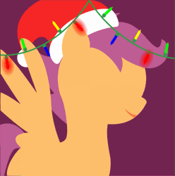 Size: 795x800 | Tagged: safe, artist:arifproject, derpibooru import, edit, part of a set, scootaloo, pegasus, pony, animated, arif's christmas pones, beautiful, blank flank, christmas, christmas lights, cute, dark background, derpibooru background pony icon, female, filly, foal, garland, gif, happy, hat, holiday, lights, lineless, minimalist, modern art, santa hat, simple background, smiling, solo, spread wings, wings