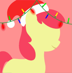Size: 795x800 | Tagged: safe, artist:arifproject, derpibooru import, edit, part of a set, apple bloom, earth pony, pony, animated, arif's christmas pones, beautiful, blank flank, christmas, christmas lights, cute, derpibooru background pony icon, female, filly, foal, garland, gif, happy, hat, holiday, lights, lineless, minimalist, modern art, pink background, santa hat, simple background, smiling, solo