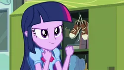 Size: 1280x720 | Tagged: safe, derpibooru import, screencap, twilight sparkle, equestria girls, >:), clothes, locker, shoes, sneakers, solo, this strange world