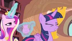 Size: 1280x720 | Tagged: safe, derpibooru import, screencap, princess cadance, twilight sparkle, twilight sparkle (alicorn), alicorn, pony, three's a crowd, context is for the weak, glass of water, magic, no context, out of context, telekinesis