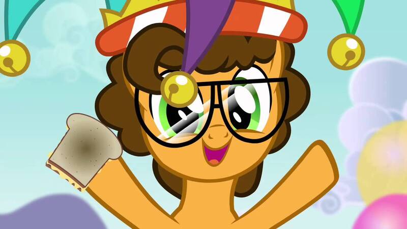 Size: 1280x720 | Tagged: safe, derpibooru import, screencap, cheese sandwich, pony, pinkie pride, balloon, cheese confesses, cheese sandwich (food), colt, food, glasses, hat, jester hat, male, sandwich, solo, younger