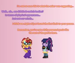 Size: 504x423 | Tagged: safe, artist:verve, derpibooru import, sci-twi, sunset shimmer, twilight sparkle, genie, ain't never had friends like us, equestria girls, ask, body swap, glasses, pixel art, shantae, tumblr