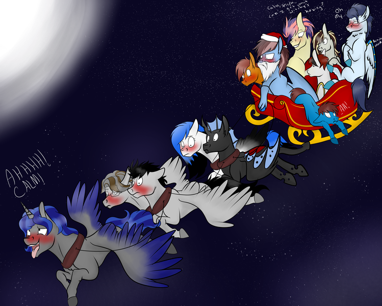 Size: 8117x6499 | Tagged: suggestive, artist:neonaarts, derpibooru import, soarin', oc, oc:astral, oc:blue jay, oc:calm wind, oc:epic prose, oc:hornet, oc:hoxton, oc:lodestar, oc:lucky, oc:penumbra glow, oc:talon, oc:witching hour, alicorn, changeling, earth pony, pegasus, pony, absurd resolution, alicorn oc, blue changeling, christmas, christmas changeling, hat, holiday, horn, moon, santa hat, sleigh, text, wing brace, wings, wonderverse