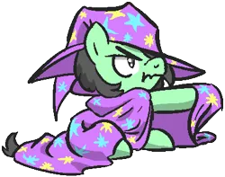 Size: 402x317 | Tagged: safe, artist:lockhe4rt, derpibooru import, oc, oc:anonfilly, unofficial characters only, earth pony, pony, cape, clothes, female, filly, hat, scrunchy face, sitting, solo, trixie's cape, trixie's hat