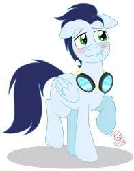 Size: 1138x1448 | Tagged: safe, artist:hufflepuffrave, derpibooru import, soarin', pony, blushing, drunk, floppy ears, goggles, raised hoof, simple background, solo, transparent background