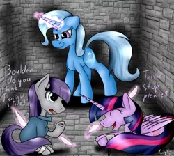 Size: 5385x4818 | Tagged: safe, artist:moonlight0shadow0, derpibooru import, boulder (pet), maud pie, trixie, twilight sparkle, twilight sparkle (alicorn), alicorn, earth pony, pony, unicorn, absurd resolution, chained, chains, dialogue, dungeon, eyes closed, feather, female, fetish, lesbian, levitation, magic, mauxie, open mouth, raised hoof, shipping, sitting, smiling, spread wings, telekinesis, tickle fetish, tickle torture, tickling, twixie, wings