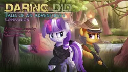 Size: 1920x1080 | Tagged: safe, artist:vanillaghosties, derpibooru import, edit, daring do, twilight velvet, pegasus, pony, unicorn, fanfic, series:daring did tales of an adventurer's companion, ak-47, assault rifle, bipedal, clothes, duo, fanfic art, female, forest, glowing horn, grass, grin, gun, hat, hood, hoodie, horn, magic, map, mare, outdoors, rifle, smiling, standing, text edit, tree, weapon