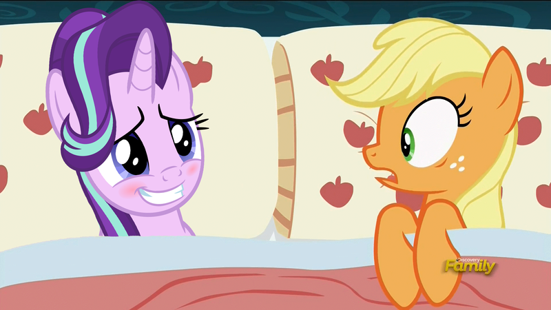 Size: 1920x1080 | Tagged: 28 pranks later, applejack, applejack's bed partner, bed, blushing, cute, derpibooru import, edit, edited screencap, exploitable meme, female, glimmerjack, lesbian, meme, pillow, safe, screencap, shipping, starlight glimmer