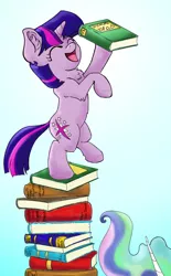 Size: 620x1000 | Tagged: safe, artist:firimil, derpibooru import, princess celestia, twilight sparkle, alicorn, pony, unicorn, balancing, bipedal, book, bookstack, celestia's mane, chest fluff, cute, ear fluff, eyes closed, female, filly, filly twilight sparkle, fluffy, gradient background, happy, hoof hold, leg fluff, mare, open mouth, raised leg, simple background, smiling, that pony sure does love books, twiabetes, younger