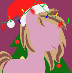 Size: 795x800 | Tagged: safe, artist:arifproject, derpibooru import, edit, part of a set, oc, oc:mascara maroon, unofficial characters only, earth pony, pony, animated, arif's christmas pones, beautiful, christmas, christmas lights, christmas tree, cute, derpibooru background pony icon, female, garland, gif, happy, hat, holiday, lights, lineless, mare, minimalist, modern art, purple background, santa hat, simple background, smiling, solo, tree