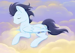 Size: 1200x857 | Tagged: safe, artist:raininess, derpibooru import, soarin', pony, cloud, eyes closed, sky, solo