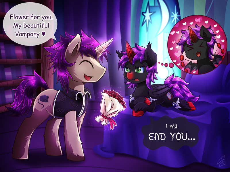 Size: 2000x1500 | Tagged: safe, artist:vavacung, derpibooru import, oc, oc:darkaito, oc:midnight moon, unofficial characters only, alicorn, bat pony, bat pony alicorn, pony, vampire, vampony, ><, bat wings, bouquet, cute, eyes closed, flower, horn, male, midnaito, red and black oc, shipping, stallion, tsundere, vavacung is trying to murder us, wings