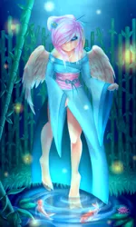 Size: 1200x2000 | Tagged: safe, artist:x-piiu, derpibooru import, fluttershy, anthro, bat pony, fish, koi, unguligrade anthro, bamboo, breasts, busty fluttershy, clothes, eyeshadow, female, flutterbat, kimono (clothing), lidded eyes, makeup, night, pond, race swap, smiling, solo