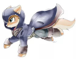 Size: 2614x2030 | Tagged: safe, artist:pridark, derpibooru import, oc, oc:foxtor volpes, unofficial characters only, earth pony, fox, fox pony, hybrid, pony, assassin's creed, clothes, coat, commission, crossover, male, multicolored tail, pants, running, solo, stallion, trotting, ubisoft