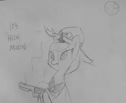 Size: 1280x1041 | Tagged: safe, artist:tjpones, derpibooru import, princess luna, alicorn, pony, :t, blurry, cowboy hat, crossover, frown, glare, grayscale, gun, handgun, hat, hoof hold, it's high noon, jesse mccree, lineart, monochrome, moon, overwatch, pun, revolver, solo, traditional art, weapon