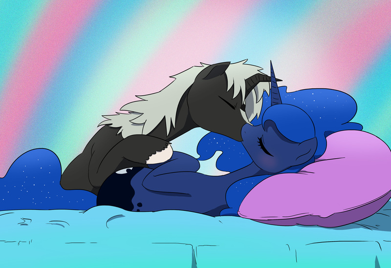 Size: 3669x2520 | Tagged: safe, artist:doublewbrothers, derpibooru import, princess luna, ponified, kaiju, kaiju pony, pony, bed, crossover, crossover shipping, female, godzilla, godzilla (series), godzilla junior, kissing, lunazilla, male, shipping, straight