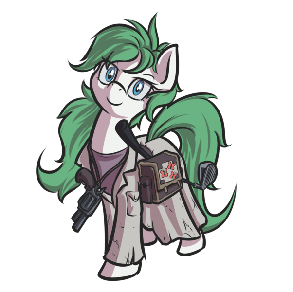 Size: 2461x2452 | Tagged: safe, artist:kalemon, derpibooru import, edit, oc, oc:beryl, oc:beryl (smhac), unofficial characters only, butterfly, earth pony, pony, 2017 community collab, derpibooru community collaboration, fallout equestria, fanfic, bag, clothes, fanfic art, female, fluttershy medical saddlebag, golf club, gun, handgun, hooves, looking at you, mare, medical saddlebag, revolver, saddle bag, simple background, smiling, solo, transparent background, weapon