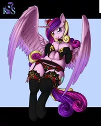Size: 4038x5000 | Tagged: absurd resolution, adorasexy, alicorn, artist:longinius, black underwear, chest fluff, choker, clothes, colored, color edit, cute, cutedance, derpibooru import, edit, female, horn, horn ring, jewelry, lingerie, panties, pendant, princess cadance, ring, seductive look, seductive pose, series:rarity's secret, sexy, socks, solo, solo female, stupid sexy princess cadance, suggestive, underwear, wide hips