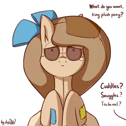 Size: 1920x1920 | Tagged: safe, artist:dsp2003, derpibooru import, part of a set, oc, oc:raggie, unofficial characters only, hagwarders, original species, plush pony, pony, button eyes, crying, female, holding a pony, i can't believe it's not tjpones, offscreen character, part of a series, plushie, sad, style emulation, what do you want