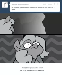 Size: 666x800 | Tagged: artist:egophiliac, ask, cartographer's cloak, comic, derpibooru import, female, filly, grayscale, monochrome, moonstuck, princess luna, safe, scrunchy face, solo, tumblr, woona, woonoggles, younger