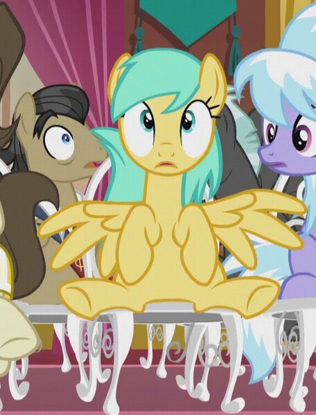 Size: 575x757 | Tagged: safe, derpibooru import, screencap, ace, cloudchaser, filthy rich, sunshower raindrops, thunderlane, pony, slice of life (episode), chair, cute, sitting