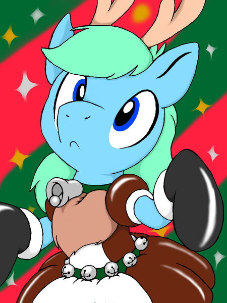 Size: 960x1280 | Tagged: artist:dashingjack, christmas, clothes, crossdressing, deer, derpibooru import, hearth's warming, holiday, maid, oc, oc:brainstorm, reindeer, safe, solo, unofficial characters only