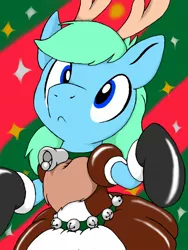 Size: 960x1280 | Tagged: artist:dashingjack, christmas, clothes, crossdressing, deer, derpibooru import, hearth's warming, holiday, maid, oc, oc:brainstorm, reindeer, safe, solo, unofficial characters only