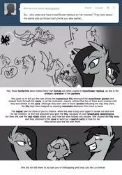 Size: 666x950 | Tagged: safe, artist:egophiliac, derpibooru import, nightmare moon, princess luna, oc, oc:echo (egophiliac), oc:frolicsome meadowlark, oc:sparkleheart, oc:sunshine smiles (egophiliac), bat pony, pony, moonstuck, :p, ask, blushing, cartographer's cap, cartographer's cloak, comic, cute, dark woona, eyes closed, female, filly, frown, glare, grayscale, grin, hat, lidded eyes, monochrome, nervous, nightmare woon, open mouth, raspberry, smiling, squee, tongue out, tumblr, unamused, woona, younger