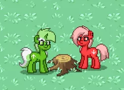 Size: 1200x873 | Tagged: safe, derpibooru import, screencap, oc, oc:downvote, oc:upvote, ponified, unofficial characters only, pony, derpibooru, pony town, :|, derpibooru ponified, duo, grass, lidded eyes, meta, smiling, tree stump