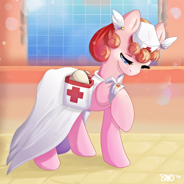 Size: 3000x3000 | Tagged: safe, artist:bean-sprouts, derpibooru import, ponified, blissey, pony, bag, bandage, blood, cute, egg, hat, nurse, nurse hat, pokémon, raised hoof, saddle bag, solo