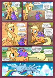 Size: 1355x1920 | Tagged: safe, artist:pencils, derpibooru import, applejack, rainbow dash, oc, oc:arli, bushwoolie, earth pony, pegasus, pony, comic:anon's pie adventure, applebutt, bow, butt, cloud, comic, cowboy hat, crouching, dialogue, dock, featureless crotch, female, flying, g1, hair bow, hat, looking back, mare, riding, scrunchy face, speech bubble, speed lines, spread legs, spreading, stetson, tail, tail pull, underhoof