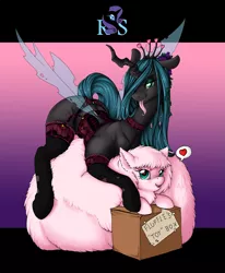 Size: 1859x2257 | Tagged: suggestive, artist:longinius, derpibooru import, queen chrysalis, oc, oc:fluffle puff, series:rarity's secret, box, canon x oc, choker, chrysipuff, clothes, female, garters, heart, heart eyes, lesbian, lingerie, looking at you, panties, shipping, stockings, thigh highs, tongue out, underwear, wingding eyes