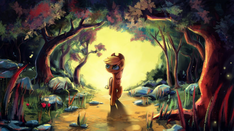 Size: 1920x1080 | Tagged: safe, artist:inowiseei, derpibooru import, applejack, firefly (insect), insect, pony, backlighting, backlit, flower, forest, path, raised hoof, road, rock, scenery, solo, stone, sunset, tree, tulip, walking