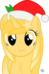 Size: 1700x2529 | Tagged: safe, artist:arifproject, derpibooru import, oc, oc:favourite, ponified, unofficial characters only, alicorn, pony, derpibooru, :i, alicorn oc, arif's christmas pones, arif's scrunchy pone, chest fluff, christmas, cute, derpibooru ponified, hair accessory, hat, holiday, horn, leaf, looking at you, meta, santa hat, simple background, solo, transparent background, vector, wings