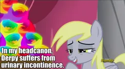 Size: 844x470 | Tagged: safe, derpibooru import, screencap, derpy hooves, pony, slice of life (episode), female, headcanon, impact font, incontinence, solo, text, wat