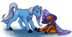 Size: 1003x522 | Tagged: safe, artist:mu, derpibooru import, snails, trixie, oc, pony, unicorn, accessory swap, cape, clothes, female, glitter shell, hat, mare, trixie's cape, trixie's hat