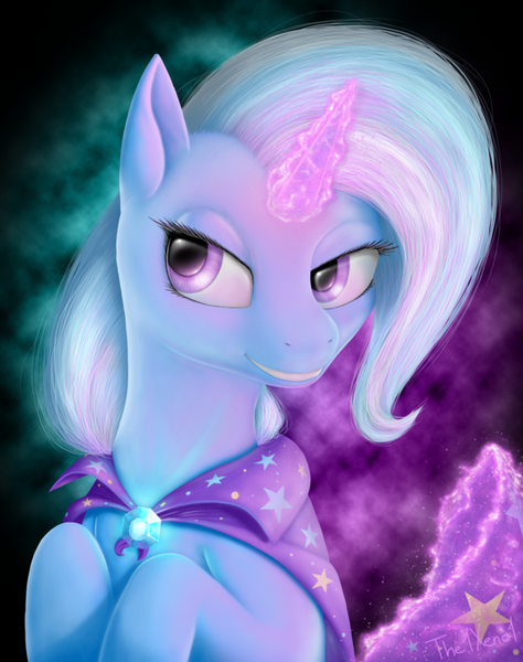 Size: 600x760 | Tagged: safe, artist:the1xeno1, derpibooru import, trixie, pony, unicorn, cape, clothes, female, glowing horn, horn, magic, mare, solo, trixie's cape