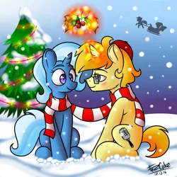 Size: 2000x2000 | Tagged: safe, artist:fezcake, derpibooru import, trixie, oc, oc:fezcake, pony, unicorn, canon x oc, christmas, christmas tree, clothes, female, fez, fezixie, hat, hearth's warming eve, holiday, holly, holly mistaken for mistletoe, implied kissing, mare, scarf, shared clothing, shared scarf, shipping, snow, tree, winter