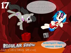 Size: 1024x768 | Tagged: safe, artist:bronybyexception, derpibooru import, octavia melody, vinyl scratch, pony, advent calendar, christmas, dialogue, guitar, hearth's warming eve, holiday, lava, musical instrument, present, regular show, speakers