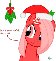 Size: 2193x2364 | Tagged: safe, artist:arifproject, derpibooru import, part of a set, oc, oc:downvote, ponified, unofficial characters only, earth pony, pony, derpibooru, annoyed, arif's mistletoe pone, christmas, derpibooru ponified, dialogue, frown, glare, hair accessory, hair over one eye, hat, holiday, holly, holly mistaken for mistletoe, leaf, meta, santa hat, simple background, solo, transparent background, vector