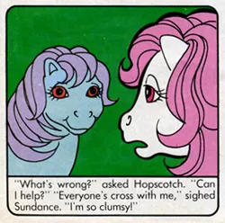 Size: 302x300 | Tagged: comic, comic:my little pony (g1), creepy, derpibooru import, faic, g1, hopscotch, looking at each other, official, out of context, red eyes, safe, stare, sundance, sundance and the saucy sally